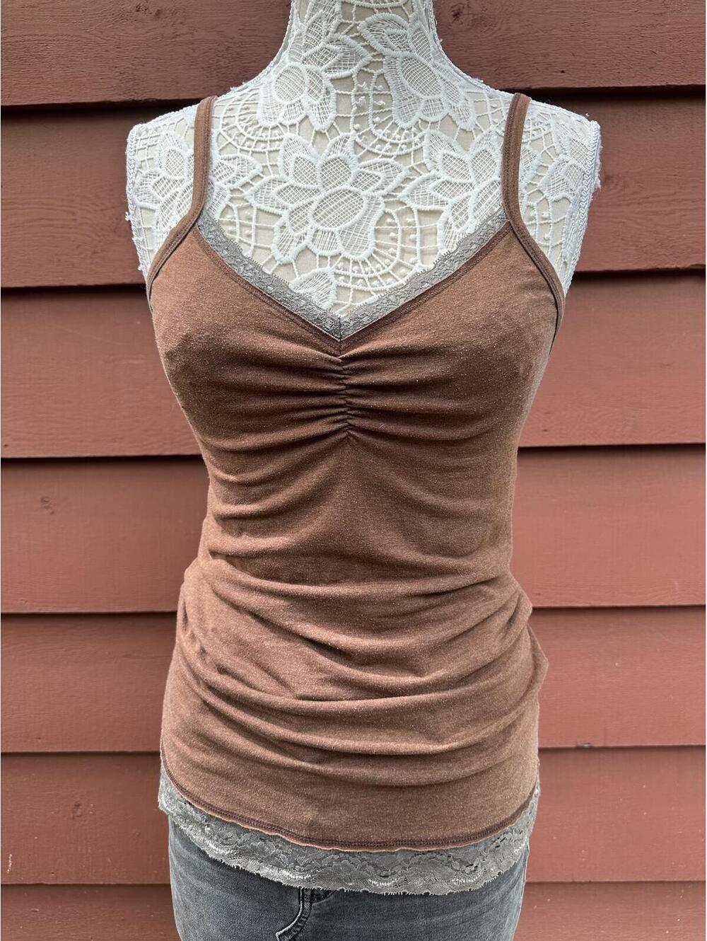 Y2K Fairycore BKE Brown Lace Trim Ruched Cami Tank Top - Picture 1 of 6